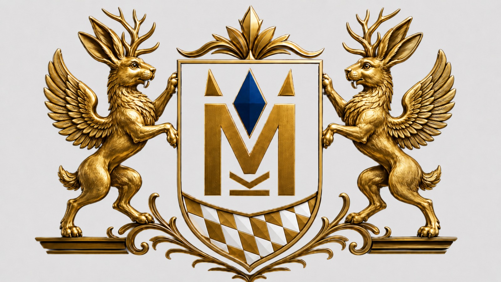 Krugmeister Wappen: zwei goldene geflügelte Wolpertinger flankieren das Münchner Schild